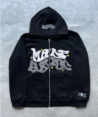 Printed Black Zip Hoodie