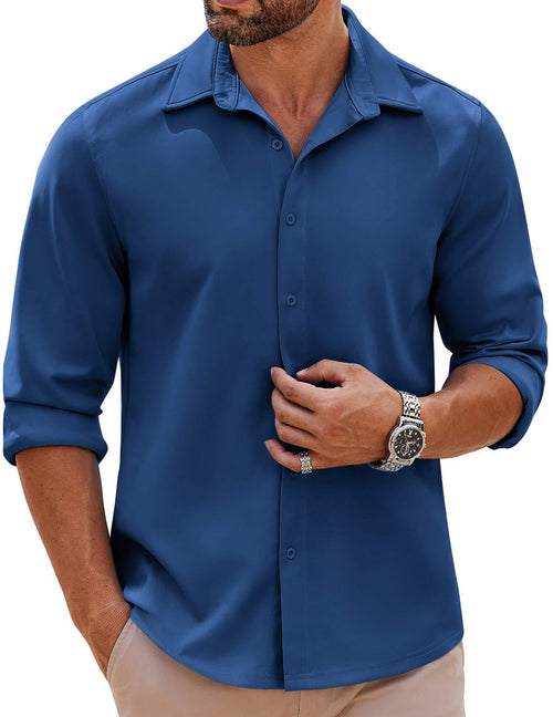 COOFANDY Mens Long Sleeve Button Down Shirts Casual Untucked Shirts Stretch Shirts Dark Blue